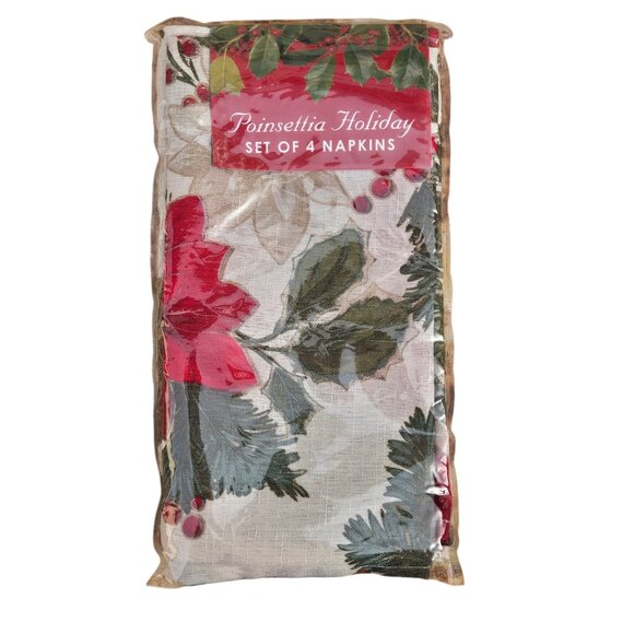 Poinsettia Pine Holiday Napkins Set Of 4 By Bardwil Linens NOS Christmas Pattern - Picture 6 of 6